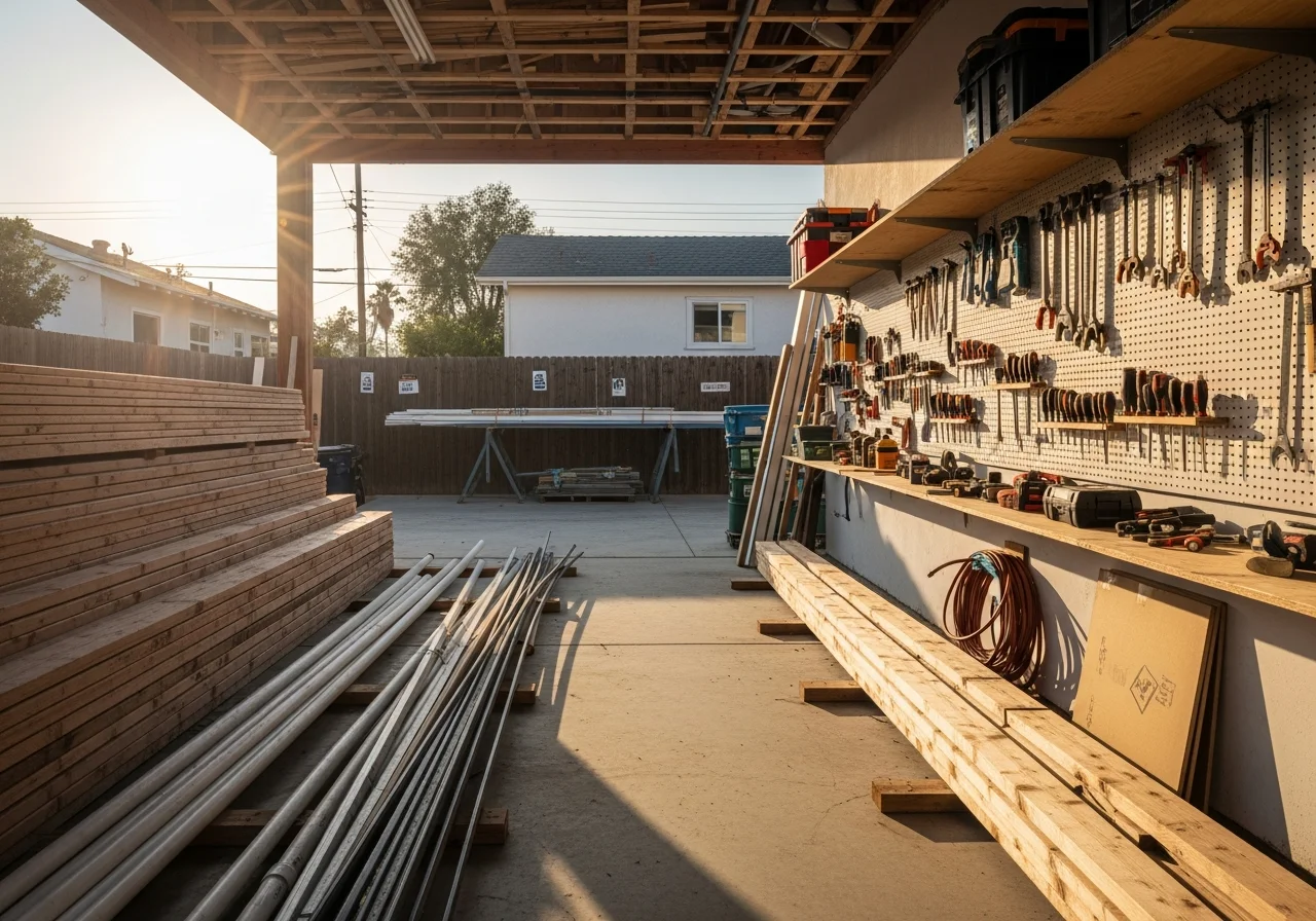 Construction crew and tools on a residential job site, showcasing professional remodeling work in progress.