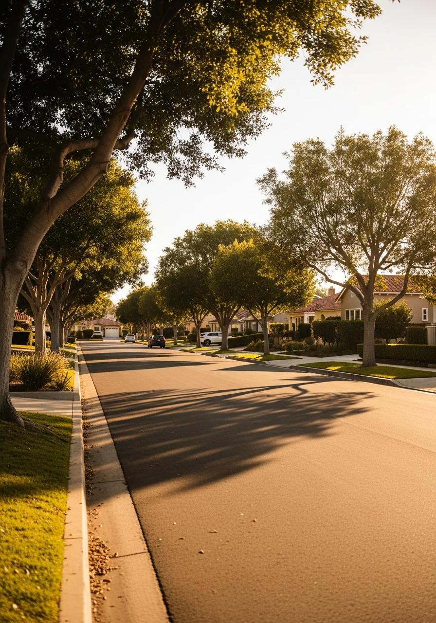 Close-up of a residential street in a San Diego neighborhood with mature trees and established homes.