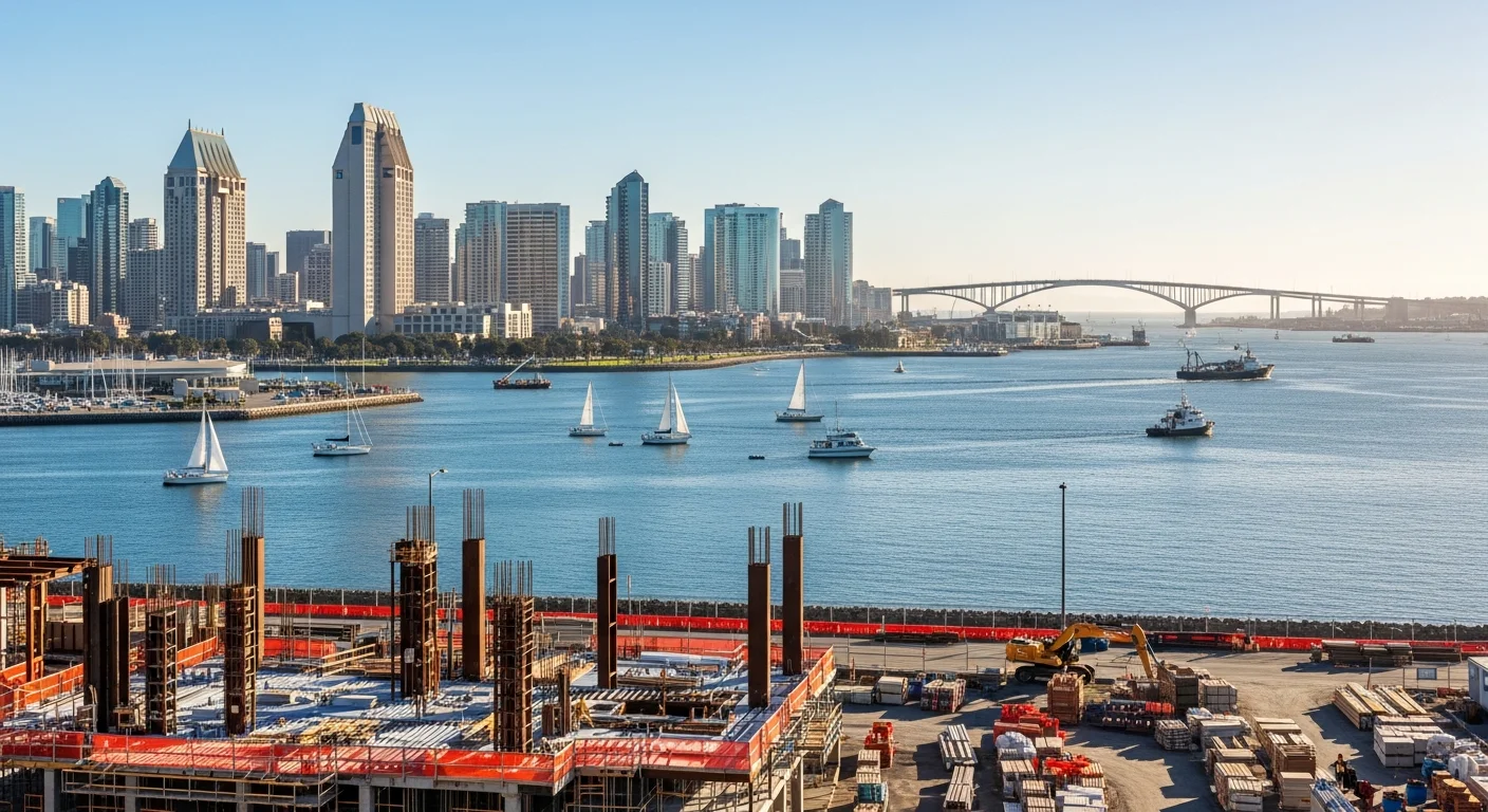 Wide view of San Diego's downtown skyline with harbor and surrounding neighborhoods visible under clear sky.