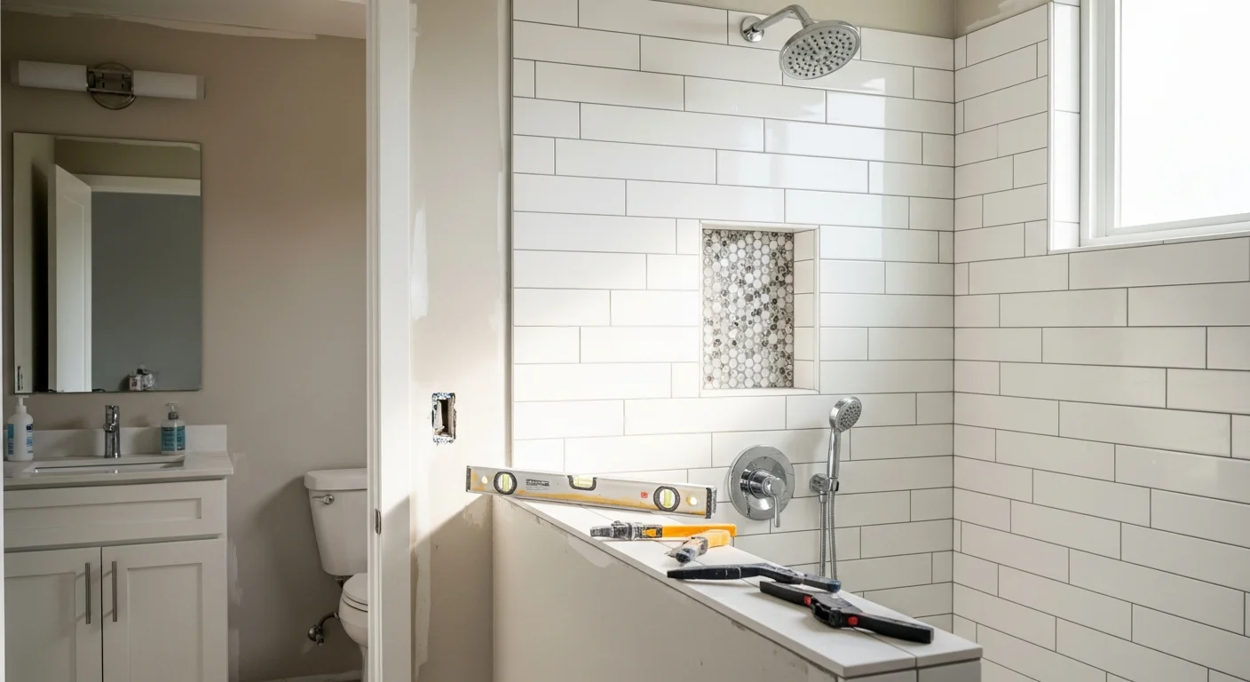 A remodeled bathroom in a San Diego home featuring a curbless walk-in shower with tile surround, a floating vanity, and updated fixtures. The finished space shows clean lines and a layout built for everyday use.