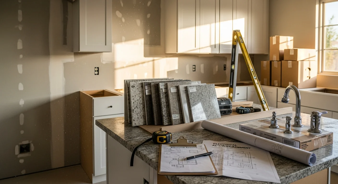 Remodeled kitchen in a San Diego single-family home featuring new cabinetry, an extended island with seating, and updated countertops. The open layout connects the kitchen to the adjacent living area with improved natural light.